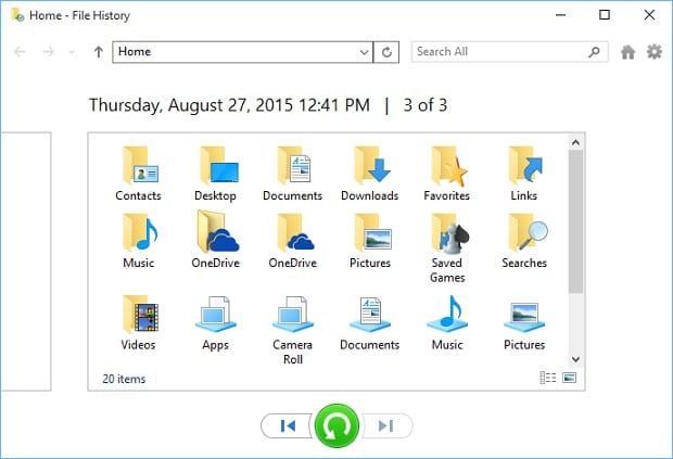 Restore Using Windows 10 File History - File History Select